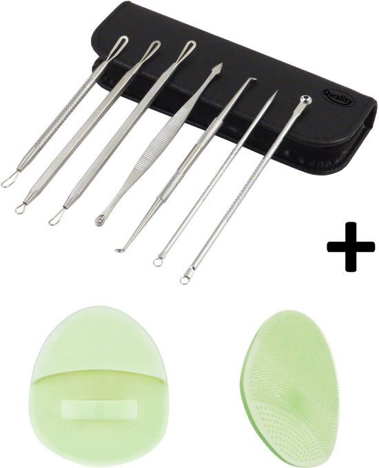 Qwality Professionele Puisten Verwijder Set 7 TOOLS + GRATIS Siliconen Scrubber - Mee-eters en Acne Verwijderen - Comedonen Blackhead lepel drukker - Meeeters remover voor mannen en vrouwen - Qwality4u