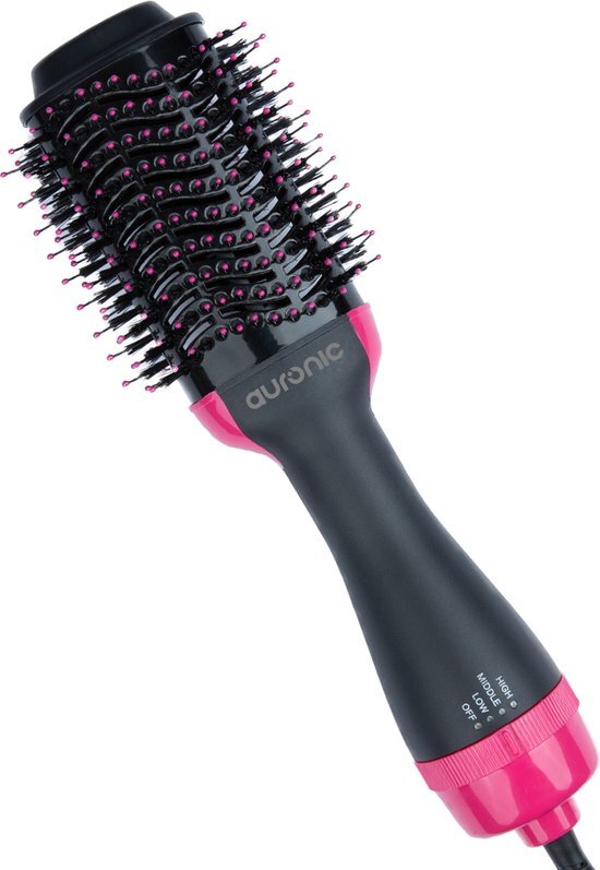 Auronic 3-in-1 Föhnborstel - Keramische Magic Brush - Airstyler - Lang/Stijl/Krullen - 1000W - Zwart/Roze