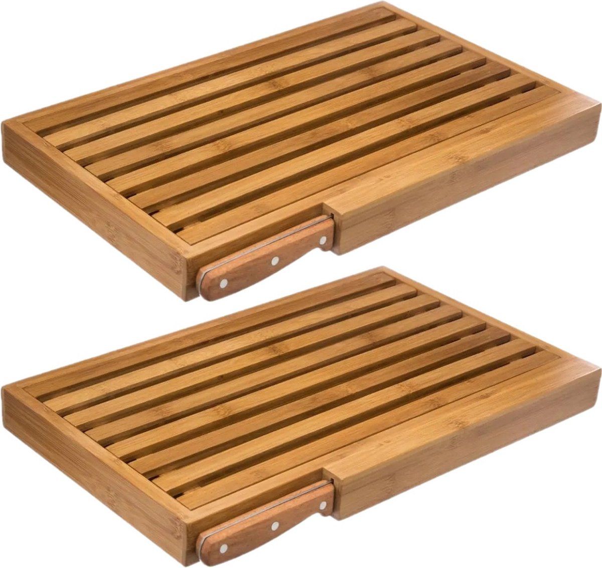 5five 2x Stuks brood snijplank met kruimel opvangbak 44 x 27 cm van bamboe hout inclusief broodmes - Serveerplank - Broodplank