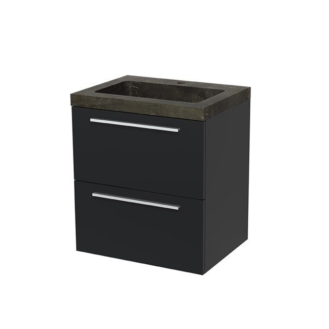 Maxaro Badkamermeubel 60cm Modulo Mat Zwart 2 lades Vlak Wastafel Natuursteen Blue Stone
