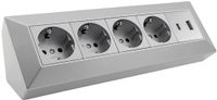 ChiliTec Stekkerblok, hoekstopcontact, 4-voudig, geaard stopcontact, USB-A, USB-C PD, meervoudig stopcontact voor keuken, kantoor, werkplaats, zilvergrijs