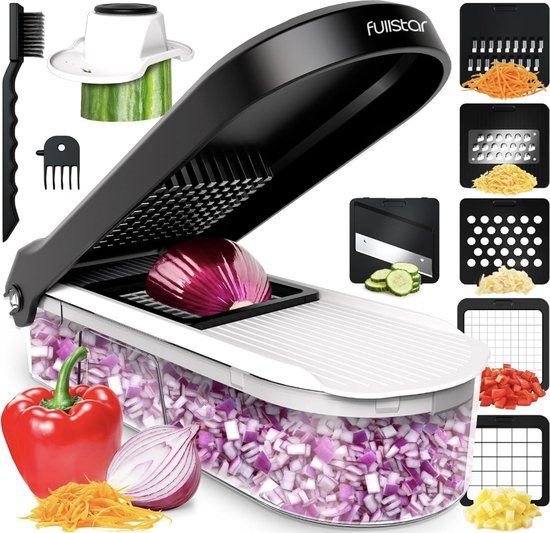 Multifunctionele en professionele groentesnijder voor keuken – ui, wortel, komkommer, tomaten – groente- en kaassnijder (compact 6-in-1 wit)