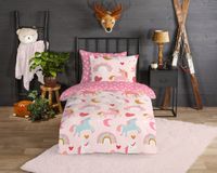 Good Morning dekbedovertrek eenhoorn en regenboog - 1 persoons 140x200/220 cm - Roze - 100% Katoen flanel