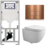 Geberit QeramiQ Dely Swirl Compact Toiletset - Inbouwreservoir Geberit UP320 - Met Burda Frame - 25mm Zitting - Metalen Bedieningsplaat Koper - Rechthoekige Knoppen - Glans Wit