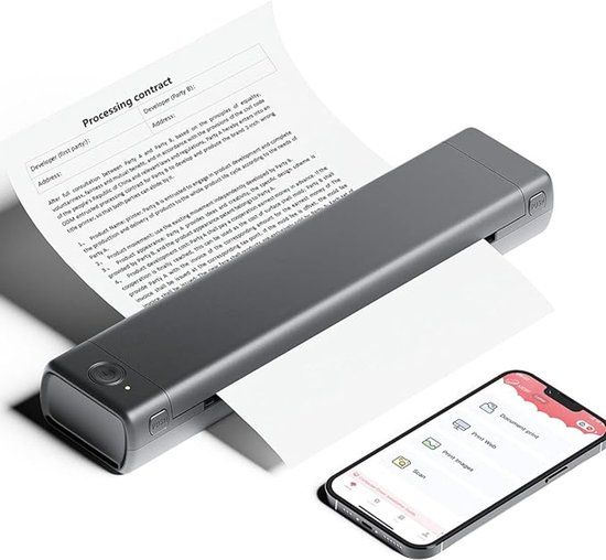 Pora&Co M08F - Thermal Printer - Portable A4 - Incl. 200 Sheets + Carry Bag - Print via Phone/Computer - Grey