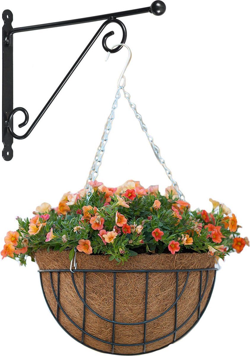 Bellatio Decorations Hanging basket met muurhaak sierkrul groen en kokos inlegvel - metaal - complete hanging basket set