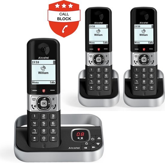 Alcatel F890 Voice Trio draadloze telefoon, antwoordapparaat, 3 handsets met oproepvergrendeling, grijs