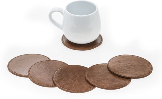 Oblac Â® Onderzetters voor glazen of kopjes rond - Exclusieve lederen glasonderzetters - Antiek bruin volledig echt leder - Set van 6 stuks - Handgemaakt door ambachtslieden