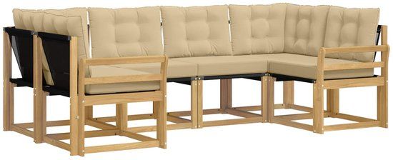 vidaXL - Hoek loungeset - 6 zitplekken - Wit en Beige - Acacia Hout