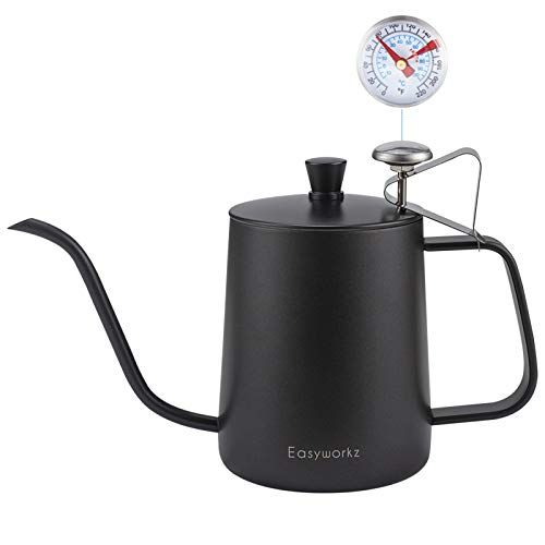 Easyworkz Zwanenhals Giet Over Koffieketel 600 ml met Thermometer, 304 Rvs Koffiepot Met Lange Smalle Uitloop (Zwart)