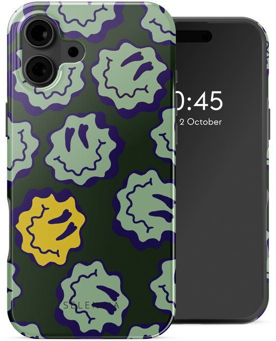 Selencia Hoesje - Geschikt voor Apple iPhone 16 - Backcover geschikt voor MagSafe - Wavy Smiley Green