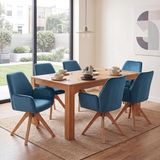 Mendler Set van 6 eetkamerstoelen, HWC-G67, draaibaar, hout, fluweel, turquoise-blauw