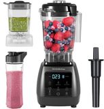 KitchenBrothers 2-in-1 Power Blender - 1600W - BPA-vrij - 2L - Complete Set met Hakmolen en To-go Beker - Smoothie Maker - IJscrusher - Metallic Grijs