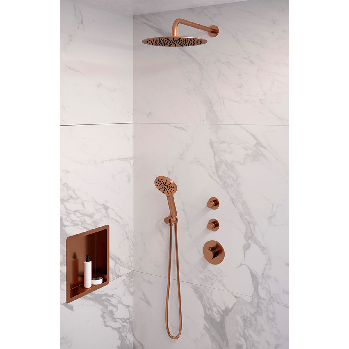 Brauer Regendoucheset 20 Inbouw Muur Copper Edition 30cm Rond Geborsteld Koper PVD 3 Greeps 3-weg Met Thermostaatkraan en Handdouche