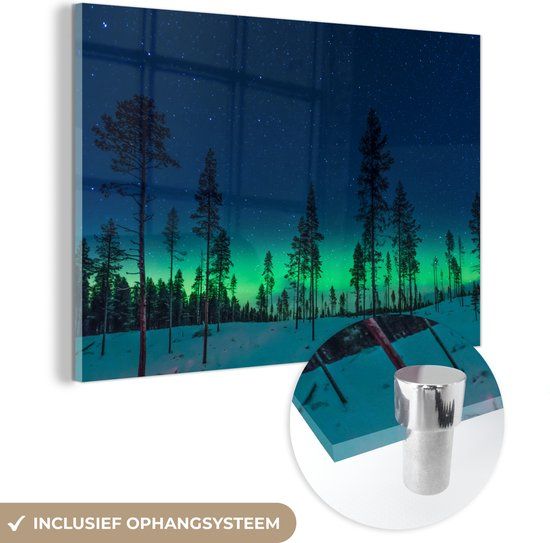 MuchoWow® Glass Painting 30x20 cm - Acrylic Glass Painting - Northern Lights - Snow - Trees - Nature - Green - Photo on Glass - Paintings