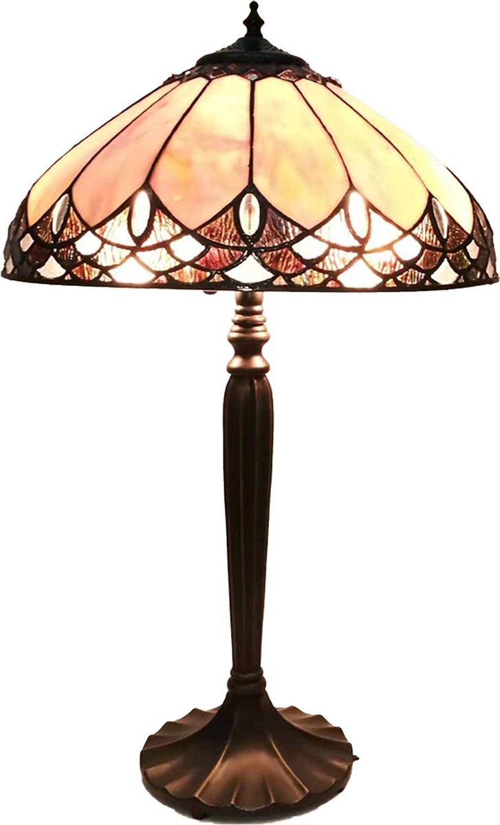 Lumilamp Tiffany Tafellamp Ø 39*63 cm Beige, Bruin Glas, Kunststof Rond Tiffany Bureaulamp Tiffany Lampen