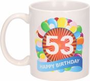 Bellatio Decorations Shoppartners Bv 53 jaar Verjaardag koffiemok - cadeau beker - feestelijke ballonnen print - 300 ml - keramiek - wit