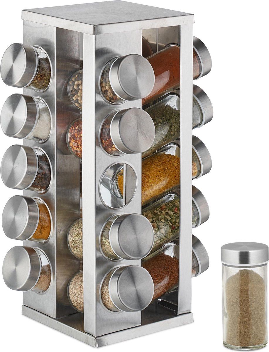 Relaxdays draaibaar kruidenrek - rvs - kruiden organizer - met 20 potjes - specerijenrek