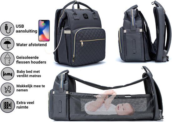 Luiertas 3-in-1 - Grijs - Met Babybedje, Verschoningsmatje, USB & Verdikt Matras