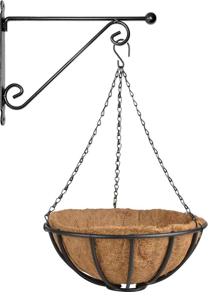 Esschert Design Hanging basket 35 cm with metal wall hook and coconut liner - Complete hanging basket set of cast iron