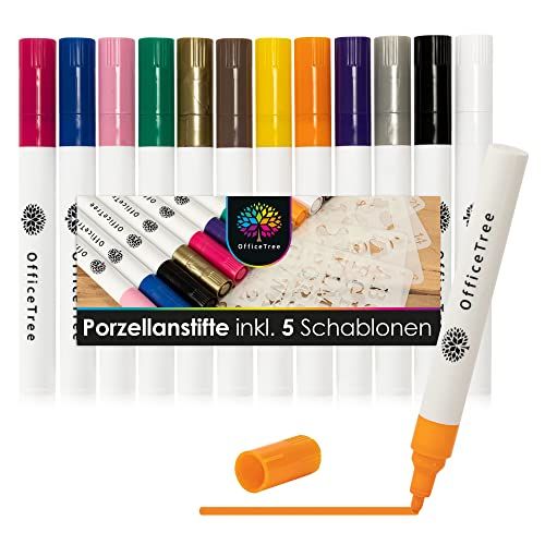 OfficeTree Porseleinstiften Set - 12 Kleuren + 5 Sjablonen
