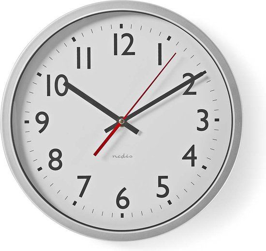 Nedis Wandklok - 30cm - Wit/Zilver - Kunststof - Rond