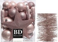 Decoris Kerstversiering kunststof kerstballen 5-6-8 cm - ster piek - folieslingers - lichtroze - 35x stuks