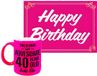 Bellatio Decorations Verjaardag cadeau koffiemok thema 40 jaar - voor een vrouw - awesome - met knalroze Happy Birthday wenskaart - A5 formaat