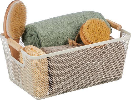 Merkloos Relaxdays Metalen Opbergmand met Houten Handvatten - Wit