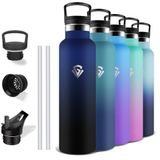 Grsta Thermosfles, 1 liter, BPA-vrij, sportfles met rietje, lekvrij, roestvrijstalen waterfles, houdt 12 uur warm / 24 uur koud, voor camping, yoga