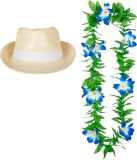 Merkloos Carnaval verkleed set - Tropische Hawaii party - Ibiza strohoedje - en bloemenkrans groen/blauw - pour Adultes