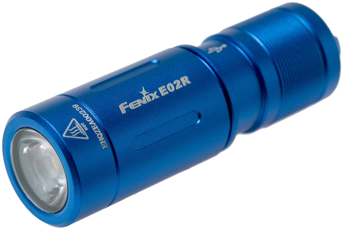 Fenix E02R oplaadbare sleutelhangerzaklamp, 200 lumen, blauw