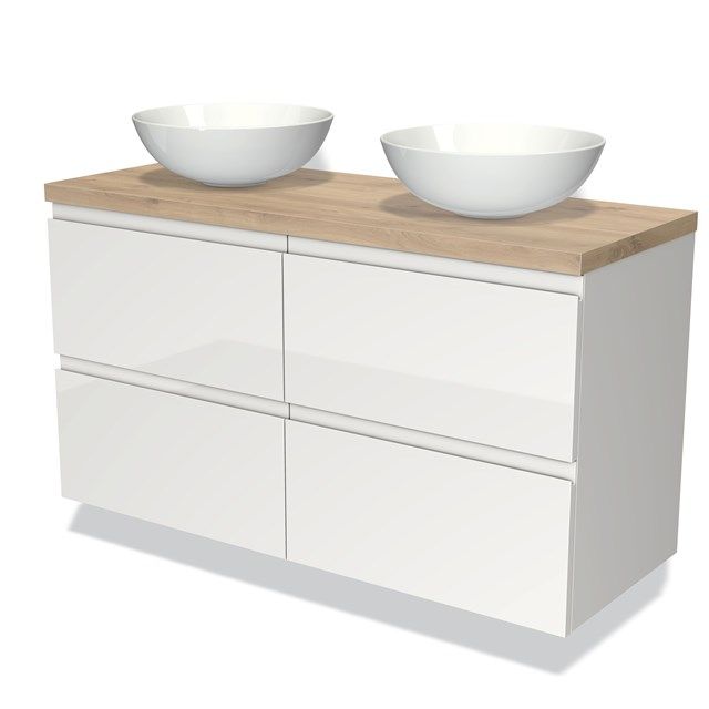 Maxaro Badkamermeubel Modulo Plato 120cm Hoogglans Wit 4 Lades Greeploos Lichtbruin Eiken Blad