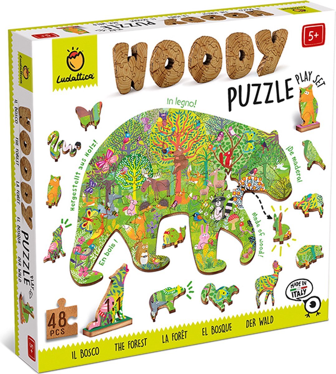 Ludattica Puzzel: Woody Puzzel Forêt, 25 x 35 cm, 48 delen, 12 figuren van hout, 5