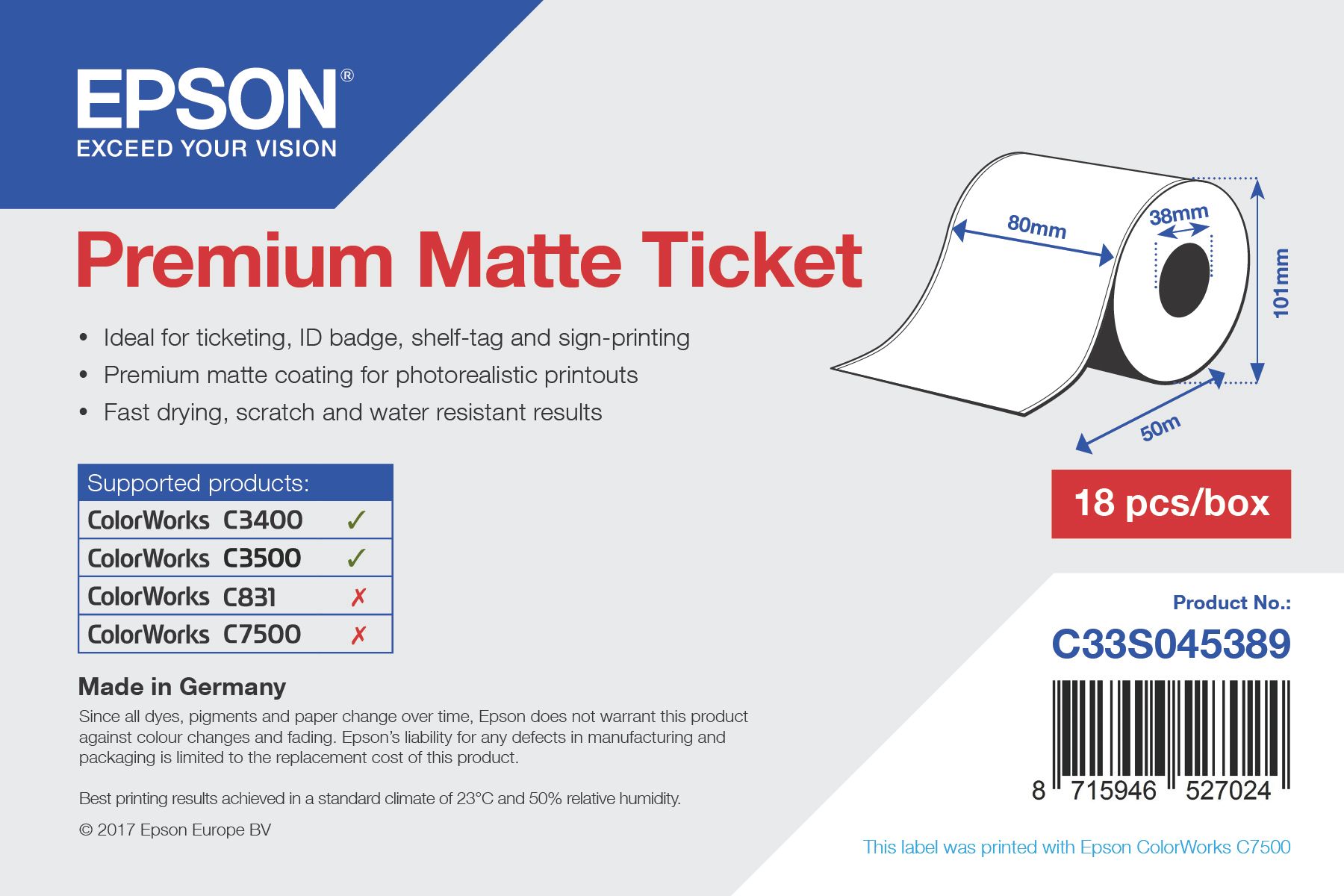 Epson C33S045389 - Premium Matte Ticket - Roll: 80mm x 50m