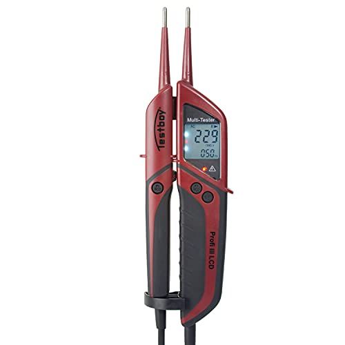 Testboy Profi III LCD tweepolige spanningstester CAT IV 1000 V met FI-test (groot verlicht LCD, bediening met één hand, test zonder vingercontact), 300 x 75 x 20 mm, rood/Zwart