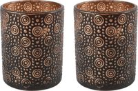 Countryfield Luxe theelichthouder - 2x stuks - Fantasy - glas - zwart/brons - D8 x H10 cm