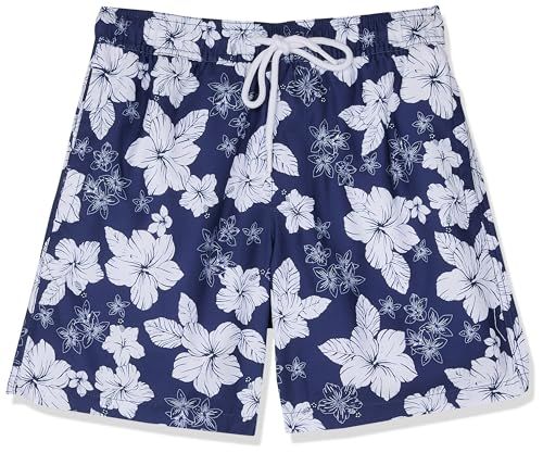 Amazon Essentials Men's Quick-Dry 7-Inch Swim Trunks, Navy Hibiscus, XS