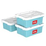Cetomo 15L x 3 opbergdozen, plastic opbergdoos met deksels, organiserende container met handvat en veilige vergrendelende gespen, stapelbaar, nestbaar, draagtas voor thuiskantoor kleding, 15L-3Pack