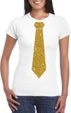 Bellatio Decorations Shoppartners Bv Wit fun verkleed t-shirt - met stropdas - in glitter goud - dames - korte mouwen S