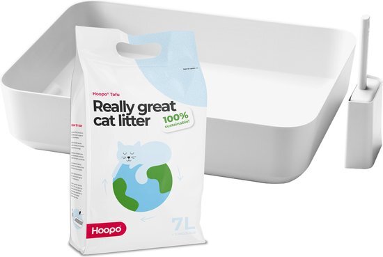 Hoopo® Poh Kattenbak Wit - Open Kattenbak - Design Kattenbak - Kattenbakschep - 50x37.5x12.7 cm - Grote Kattenbak wit