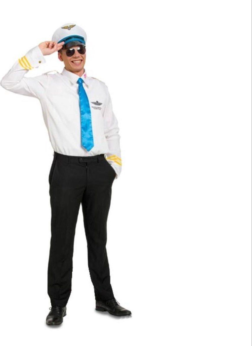kokue Pilotenpak met stropdas en Pilotenpet - Blauw, Wit - Carnaval - Feestkleding - maat M/L 46-50