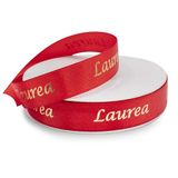 Decoraparty Dubbel satijnen lint rood 15 mm dik met gouden afstudeeropschrift, rol goud polyester decoratief lint voor gastfeest, afstuderen, feest, 15 mm x 25 m