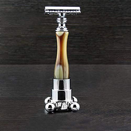 Haryali London Moderne vintage scheermes en houder luxe combo: Classic Horn scheermes > Nieuw design onbreekbaar hars handvat en roestvrij stalen scheerhouder/standaard – perfect voor elke scheercollectie.