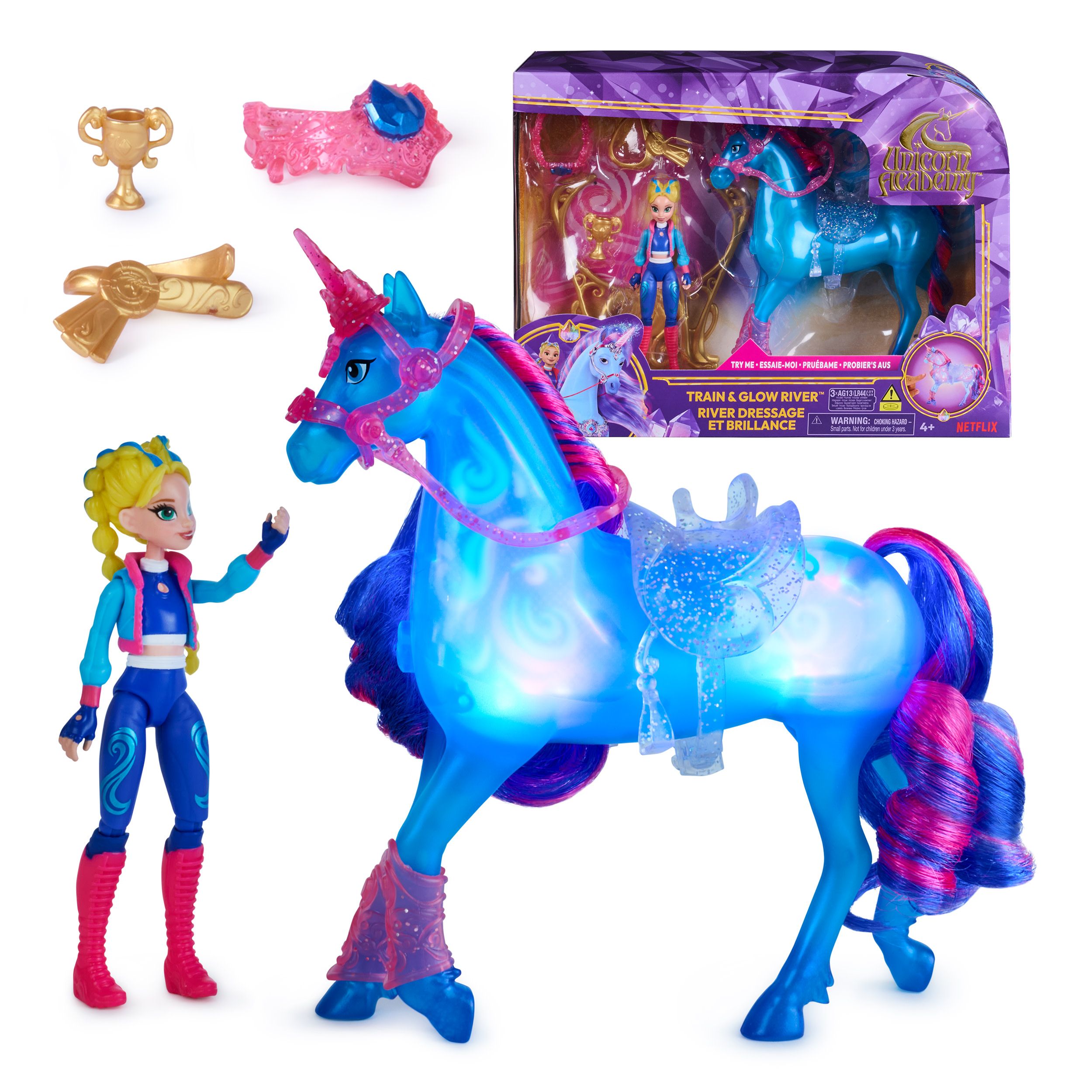 Unicorn Academy - Train & Glow River Eenhoorn met Lichteffecten & 3 accessoires - Eenhoornspeelgoed - Speelfiguren