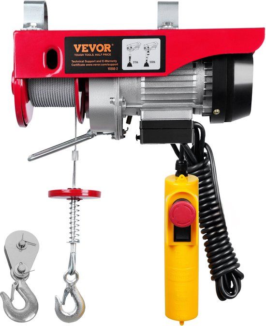 VEVOR Elektrische takel 125 kg - 250 kg | 12 m hefhoogte | Kabeltakelmotorlier | 510 W | Koperen motor | Rood/Zilver