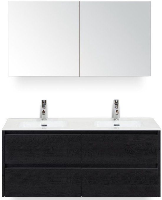 BES LED Dante Badmeubelset 120 cm - 4 Laden Black Oak - Keramische Wastafel Wit Cover met Spiegelkast