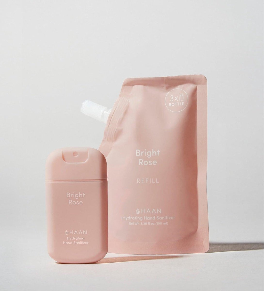 Haan Hand Sanitizer Bright Rose 30ml & Refill Pack 100ml - Handspray - Navulling - Navulzak - Set van 2
