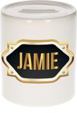 Bellatio Decorations Spaarpot met voornaam Jamie - wit - met goud/zwart embleem - 8 x 9 cm - keramiek - met afsluitdop - cadeau verjaardag