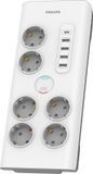 Philips 6-Way Multi-socket Adapter with Surge Protection, White, 6 Outlets, with Grounding, On/Off Switch, 4 USB Ports